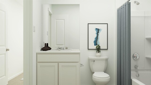 full bathroom featuring toilet, baseboards, shower / bath combo, and vanity