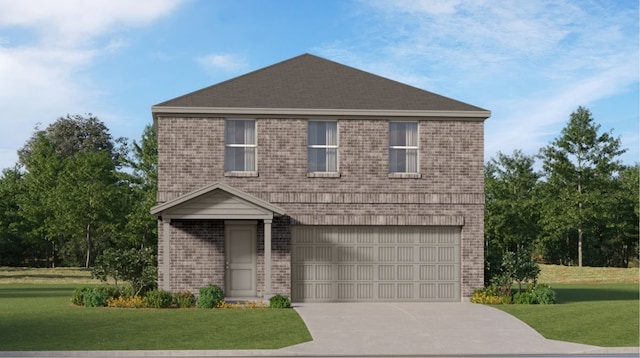 view of front of property with brick siding, a garage, a front lawn, and concrete driveway