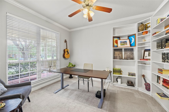 carpeted office space with ornamental molding and ceiling fan