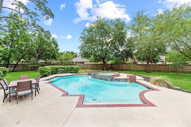 view of swimming pool with a lawn, a fenced backyard, and a patio area