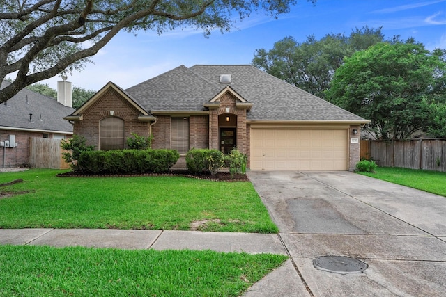 1635 Ashton Village Dr, Spring, TX 77386 - ranch-style home featuring a garage, a shingled roof, a front yard, and brick siding