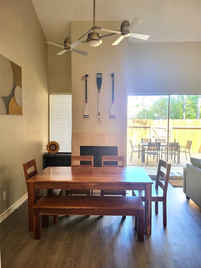 3922 Lakewood Dr, Montgomery, TX 77356 - dining space with ceiling fan, wood finished floors, and a high ceiling