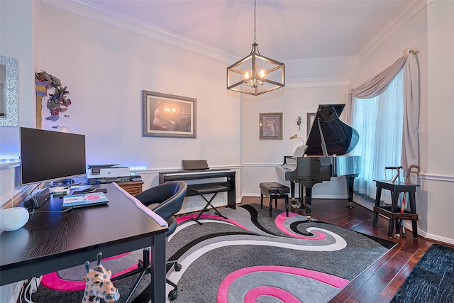 office featuring baseboards, a notable chandelier, ornamental molding, and hardwood / wood-style floors
