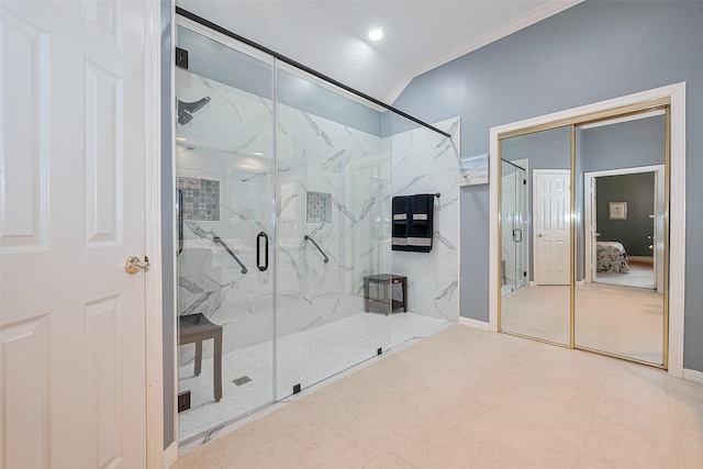 full bath with crown molding and a marble finish shower