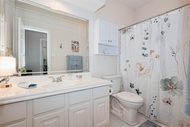 full bathroom with toilet, curtained shower, tile patterned flooring, and vanity