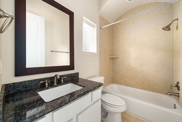 full bath with shower / bathtub combination, vanity, and toilet