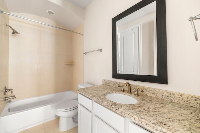 full bathroom with shower / bathtub combination, toilet, tile patterned flooring, and vanity
