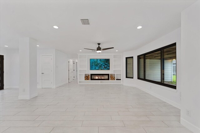 2611 Teague Rd, Houston, TX 77080 - unfurnished living room with recessed lighting, visible vents, ceiling fan, and built in features