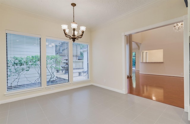 714 Last Arrow Dr, Houston, TX 77079 - unfurnished dining area with a chandelier, crown molding, baseboards, and a textured ceiling