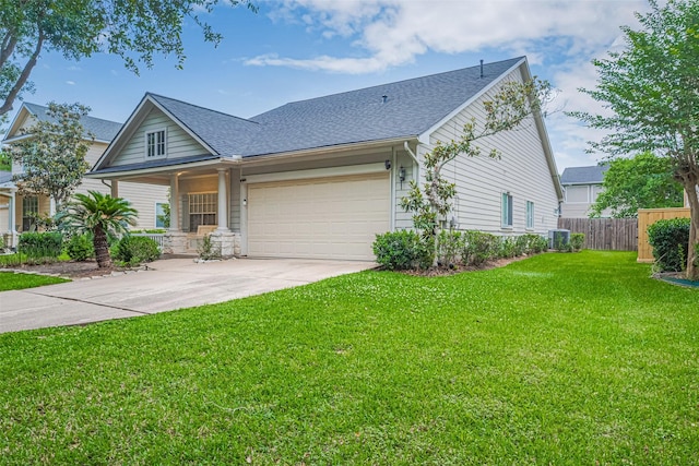 view of front facade featuring fence, a shingled roof, a garage, central AC unit, and concrete driveway