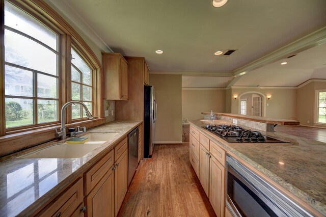708 4th St, Sealy, TX 77474 - kitchen with stainless steel appliances, a sink, crown molding, light stone counters, and light wood-style flooring