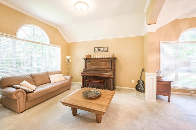 carpeted living room with crown molding, baseboards, and vaulted ceiling