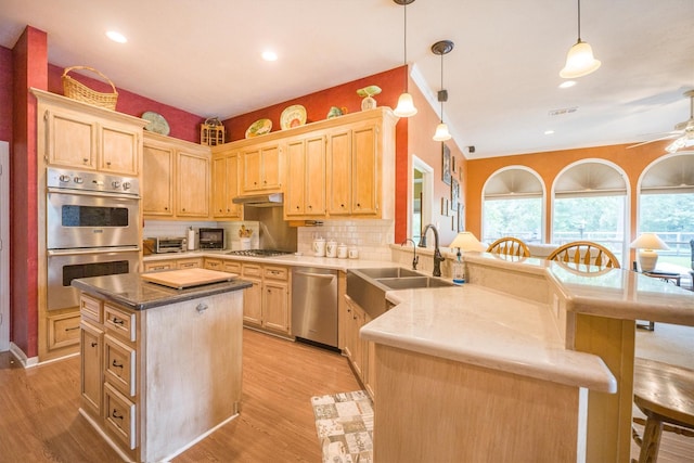 kitchen featuring a sink, a peninsula, light brown cabinetry, and stainless steel appliances