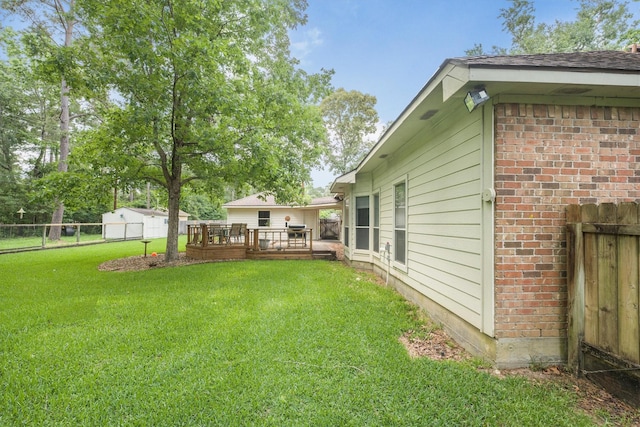 view of yard with a fenced backyard and a deck