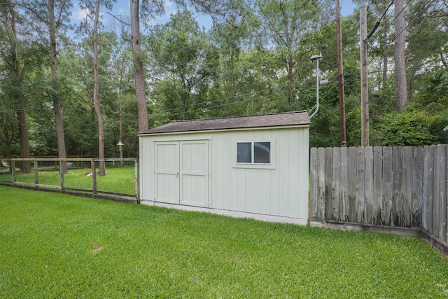 view of shed with a fenced backyard