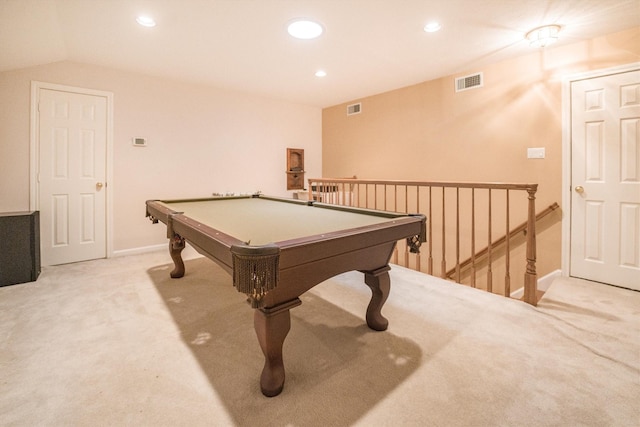 recreation room with carpet floors, baseboards, recessed lighting, and visible vents