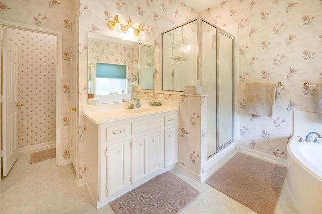 full bath featuring wallpapered walls, a shower stall, and a bath