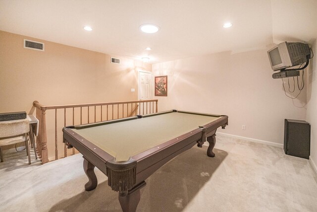 rec room with carpet flooring, recessed lighting, visible vents, and billiards