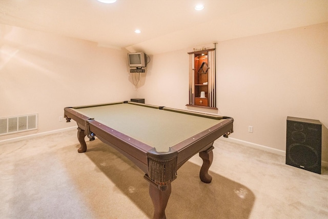 recreation room featuring visible vents, recessed lighting, baseboards, and carpet floors