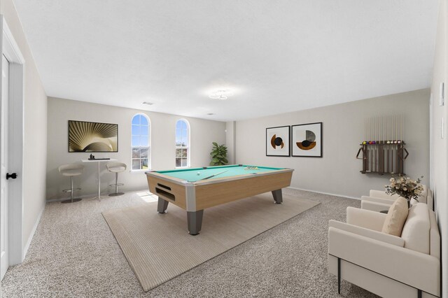 playroom featuring baseboards, billiards, and carpet