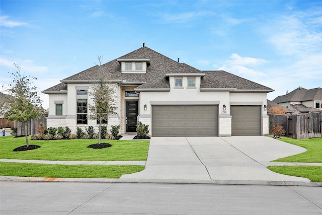 view of front of house featuring stucco siding, driveway, a front lawn, and stone siding