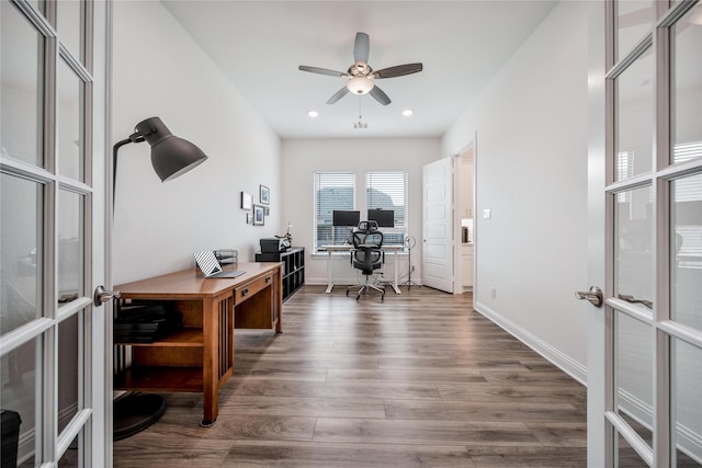 office area featuring wood finished floors, baseboards, ceiling fan, recessed lighting, and french doors