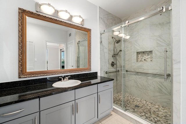 full bathroom with vanity, visible vents, and a stall shower