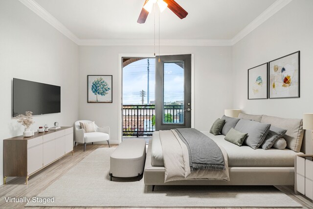 bedroom featuring ornamental molding, light wood-style flooring, ceiling fan, and access to exterior