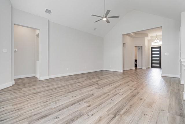 spare room featuring high vaulted ceiling, a ceiling fan, baseboards, light wood-type flooring, and visible vents