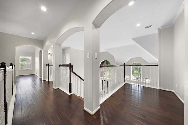 3615 Caleb Ln, Missouri City, TX 77459 - hall with hardwood / wood-style flooring, an upstairs landing, arched walkways, baseboards, and recessed lighting