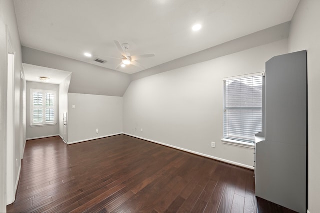 3615 Caleb Ln, Missouri City, TX 77459 - additional living space featuring ceiling fan, dark wood-style floors, lofted ceiling, baseboards, and recessed lighting