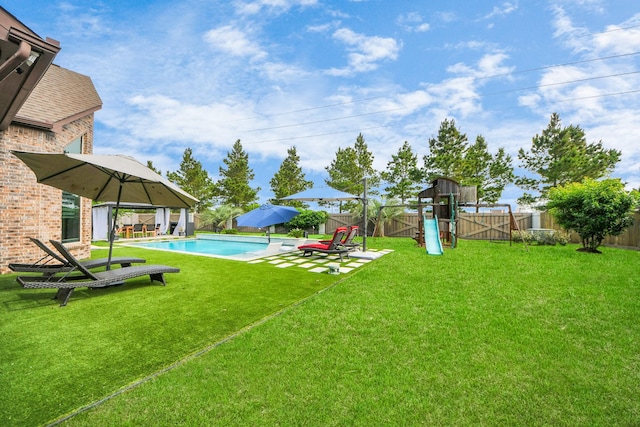 view of yard with a playground, a patio, and a gazebo