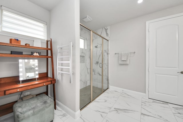 bathroom featuring baseboards, marble finish flooring, a marble finish shower, and recessed lighting