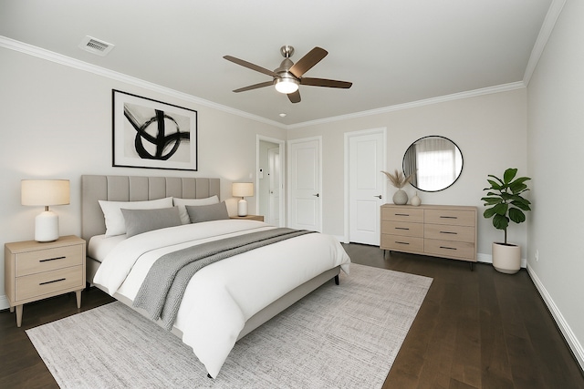 bedroom featuring crown molding, dark wood-type flooring, baseboards, and a ceiling fan