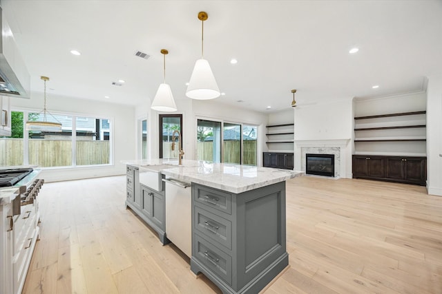 1016 Alexander St, Houston, TX 77008 - kitchen with gray cabinetry, a sink, stainless steel dishwasher, light wood-style flooring, and plenty of natural light