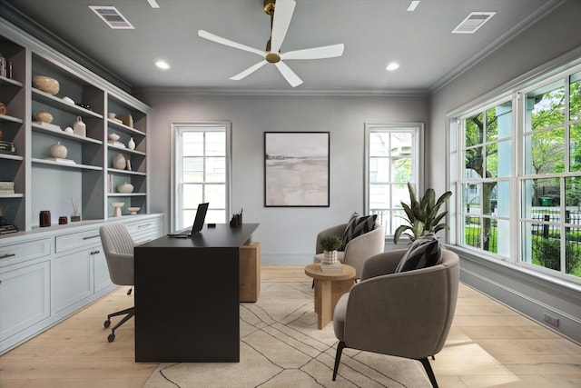 1016 Alexander St, Houston, TX 77008 - office area featuring ornamental molding, a ceiling fan, healthy amount of natural light, light wood-type flooring, and recessed lighting
