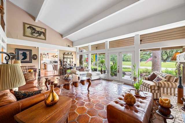 6303 Pebble Beach Dr, Houston, TX 77069 - living room with high vaulted ceiling, french doors, and beam ceiling