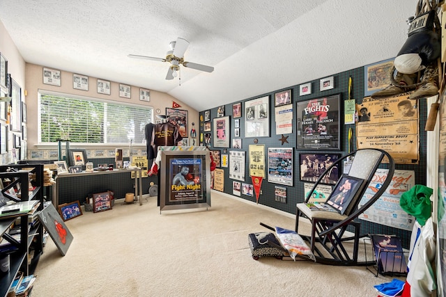 6303 Pebble Beach Dr, Houston, TX 77069 - playroom featuring vaulted ceiling, carpet floors, a ceiling fan, and a textured ceiling