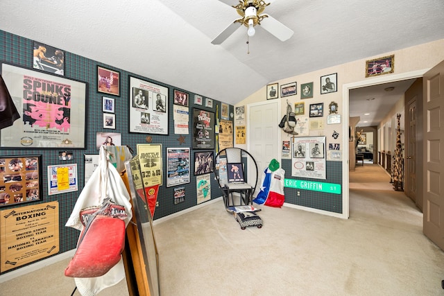 6303 Pebble Beach Dr, Houston, TX 77069 - game room with baseboards, a ceiling fan, carpet, and vaulted ceiling