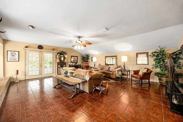 6303 Pebble Beach Dr, Houston, TX 77069 - living room featuring french doors, a ceiling fan, vaulted ceiling, and visible vents