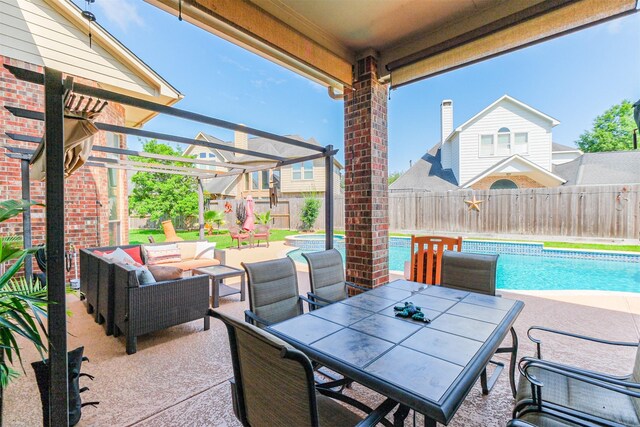 2402 Chesley Park Ct, Katy, TX 77494 - view of patio / terrace with a fenced backyard, an outdoor living space, outdoor dining area, and a pergola