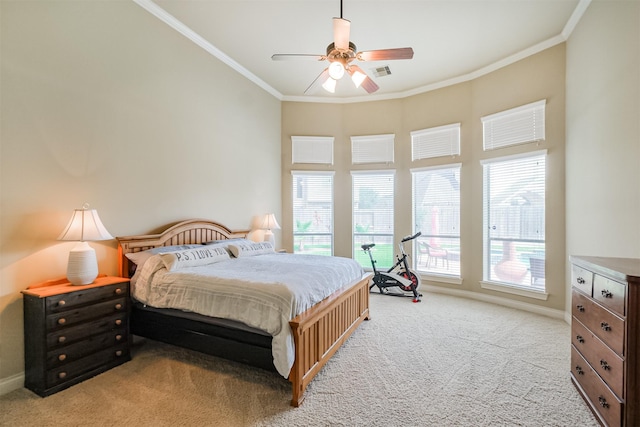 2402 Chesley Park Ct, Katy, TX 77494 - bedroom featuring light carpet, ornamental molding, baseboards, and a ceiling fan