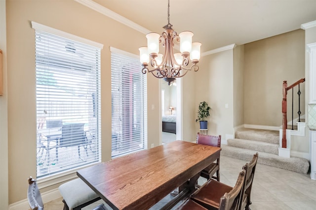 2402 Chesley Park Ct, Katy, TX 77494 - dining room with stairs, crown molding, a chandelier, light tile patterned flooring, and baseboards