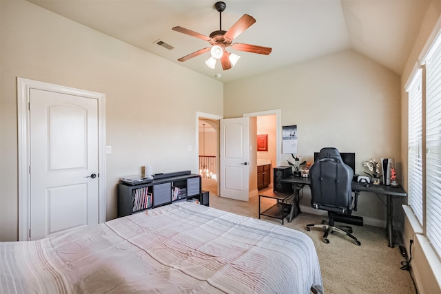 2402 Chesley Park Ct, Katy, TX 77494 - bedroom featuring light colored carpet, vaulted ceiling, a desk, baseboards, and connected bathroom