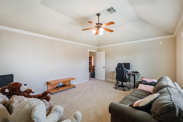 2402 Chesley Park Ct, Katy, TX 77494 - living area with ceiling fan, carpet, crown molding, baseboards, and an office area