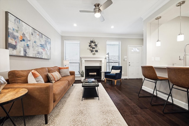 1201 Mcduffie St Unit 169, Houston, TX 77019 - living room featuring ornamental molding, dark wood finished floors, ceiling fan, a fireplace, and recessed lighting
