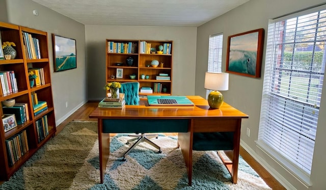 office area featuring baseboards and wood finished floors