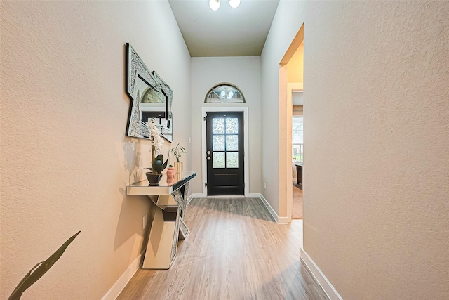 4723 Great Acre Ln, Fresno, TX 77545 - doorway featuring baseboards, a textured wall, and wood finished floors