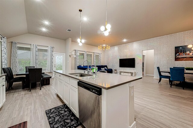 4723 Great Acre Ln, Fresno, TX 77545 - kitchen with an inviting chandelier, a sink, white cabinetry, open floor plan, and stainless steel dishwasher