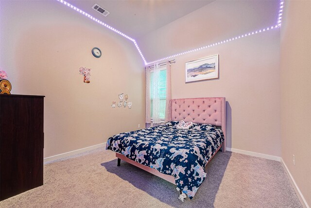 4723 Great Acre Ln, Fresno, TX 77545 - carpeted bedroom with baseboards, vaulted ceiling, and visible vents